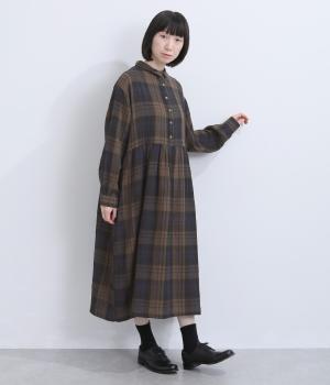 こっくりチェックのふんわりガーゼワンピース(杢ライトブラウン系-L)