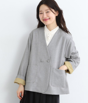 リネン見えポリLIBERTY裏地ノーカラージャケット(ライトグレー×メイモリス-ONESIZE)