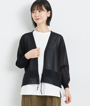 ラメ切替ウエストドロスト9分袖カーディガン(ブラック-ONESIZE)