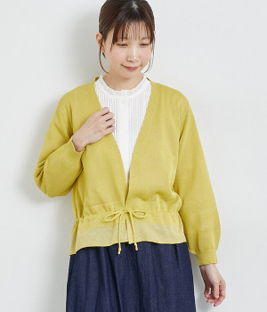 ラメ切替ウエストドロスト9分袖カーディガン(イエロー-ONESIZE)