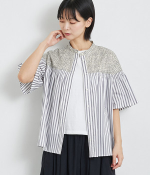 LIBERTY×ストライプゴムシャーリング切替5分袖ブラウス(グレーストライプ×SleepingRose-ONESIZE)