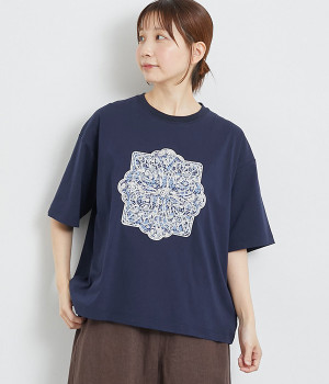プレーティング天竺LIBERTY刺繍Tシャツ(ネイビー-ONESIZE)