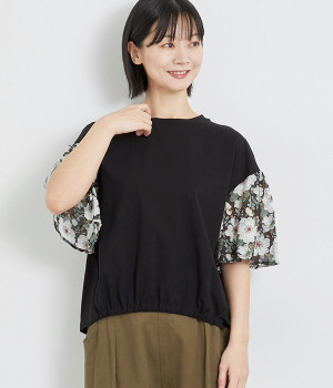 プレーティング天竺+RIBERTYシルフローンギャザー5分袖Ｔシャツ(ブラック-ONESIZE)