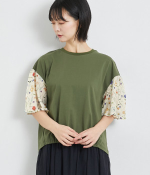 プレーティング天竺+RIBERTYシルフローンギャザー5分袖Ｔシャツ(カーキドット×Chive-ONESIZE)