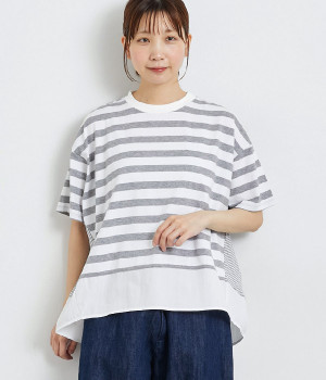 ボーダー切替ラウンドプルオーバー(オフホワイト×グレー-ONESIZE)