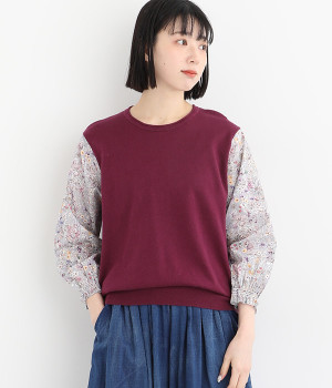 リネンコットンLIBERTY袖ドッキング7分袖プルオーバー(パープルピンク-ONESIZE)