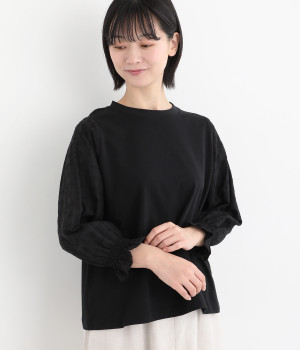 コットン天竺袖クロスステッチ刺繍7分袖プルオーバー(ブラック×ブラック-ONESIZE)