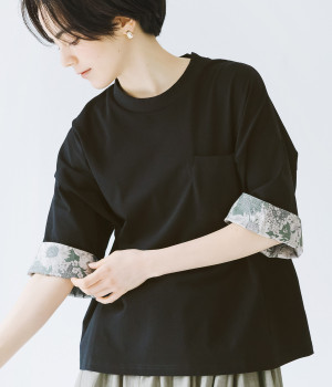 コットン天竺袖口裏LIBERTY5分袖プルオーバー(ブラック-ONESIZE)