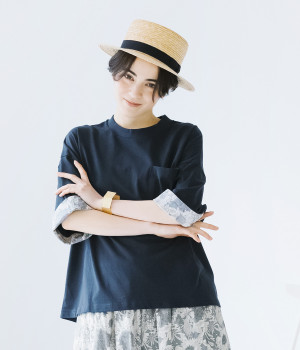 コットン天竺袖口裏LIBERTY5分袖プルオーバー(ネイビー-ONESIZE)