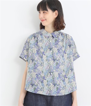 リネンLIBERTY袖折り返し半袖ブラウス(ブルー×Witley-ONESIZE)