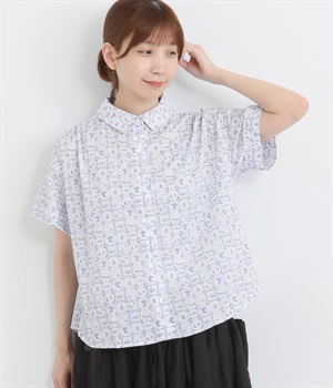 コットンLIBERTYタナローン袖折り返し半袖ブラウス(オフホワイト×ブルー×Employee's Picnic-ONESIZE)