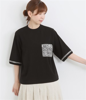 コットンストレッチフライスLIBERTYポケット5分袖Tシャツ(ブラック×LoddenWood-ONESIZE)