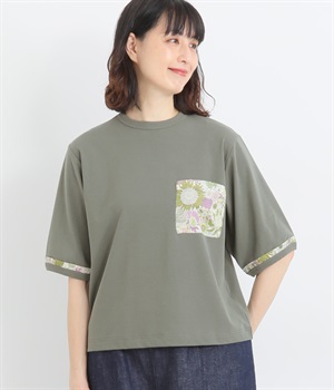 コットンストレッチフライスLIBERTYポケット5分袖Tシャツ(カーキ×SmallSusanna-ONESIZE)