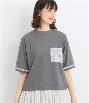コットンストレッチフライスLIBERTYポケット5分袖Tシャツ(チャコール×AngelicaGarla-ONESIZE)