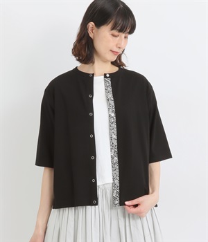 コットンストレッチフライスLIBERTY前立てドット釦5分袖カーディガン(ブラック×LoddenWood-ONESIZE)