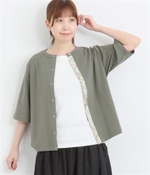 コットンストレッチフライスLIBERTY前立てドット釦5分袖カーディガン(カーキ×SmallSusanna-ONESIZE)