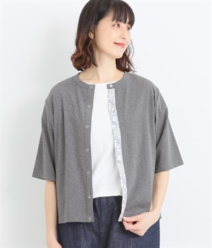 コットンストレッチフライスLIBERTY前立てドット釦5分袖カーディガン(チャコール×AngelicaGarla-ONESIZE)