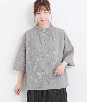 コットンミラクルウェーブゴムシャーリング2wayブラウス(ドットグレー-ONESIZE)