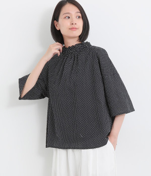 コットンミラクルウェーブゴムシャーリング2wayブラウス(ドットネイビー-ONESIZE)