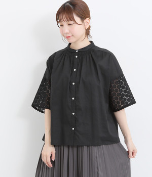 コットンローンチビ襟シャーリングレース袖5分袖ブラウス(ブラック-ONESIZE)