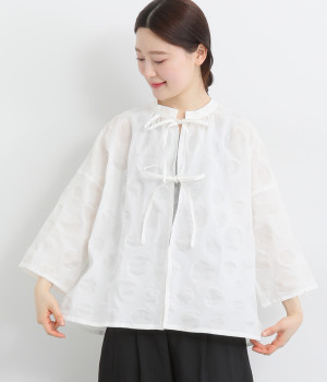 コットンリネンドット塩縮7分袖リボンボレロ(オフホワイトドット-ONESIZE)