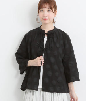 コットンリネンドット塩縮7分袖リボンボレロ(ブラックドット-ONESIZE)