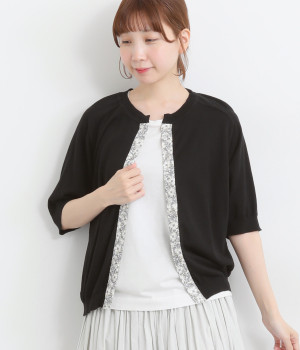 テンセルコットン前立て5分袖リバティスナップカーディガン(ブラック×MayMorris-ONESIZE)