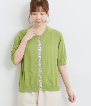 テンセルコットン前立て5分袖リバティスナップカーディガン(イエローグリーン×Edna-ONESIZE)