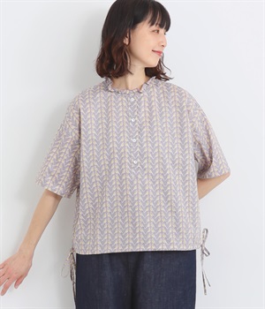 LIBERTYタナローンウエストドロストフリル襟5分袖プルオーバーブラウス(グレー×PaulyParrotBlotch-ONESIZE)