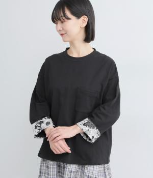 コットン天竺袖裏LIBERTYクルーネックプルオーバー(ブラック-F)