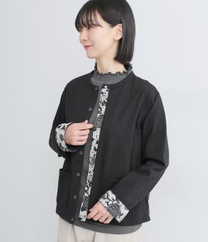 コットン天竺袖裏LIBERTY使いカーディガン(ブラック-F)