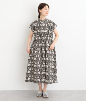 FablicByBestofMorrisウエストドロストフレンチワンピース(ブラック×PIMPARNEL-ONESIZE)