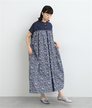コットンLIBERTYローンヨーク切替タックフリルフレンチワンピース(ネイビー×Megumi-ONESIZE)
