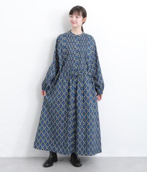 コットンツタ柄細ピンタックウエストドロストワンピース