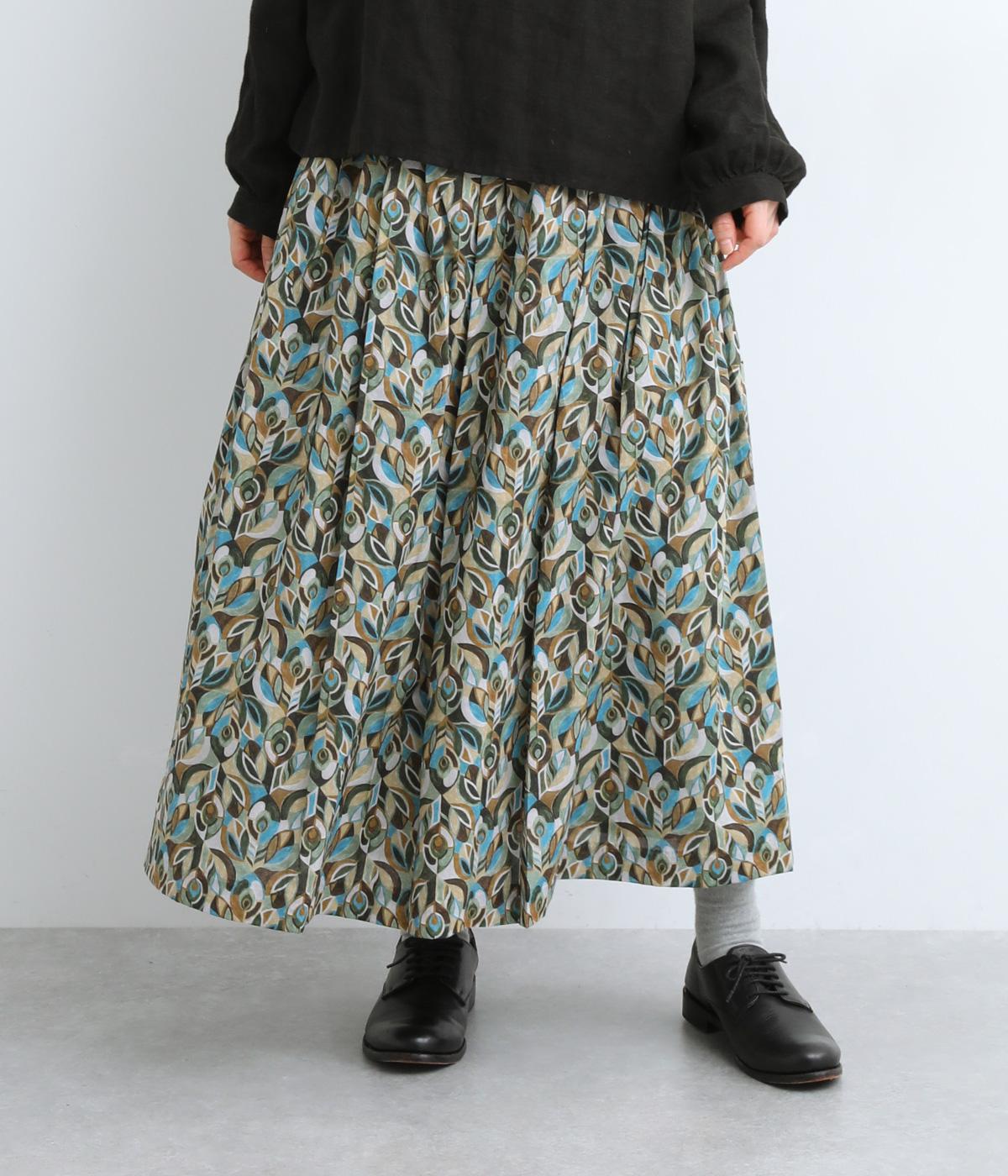 LIBERTYタナローンミモレ丈タックギャザースカート(JewelledPaecock×グレー系-F)