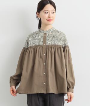 ブロードLIBERTYゴムシャーリング切替ブラウス(グレーベージュ×SleepingRose-F)