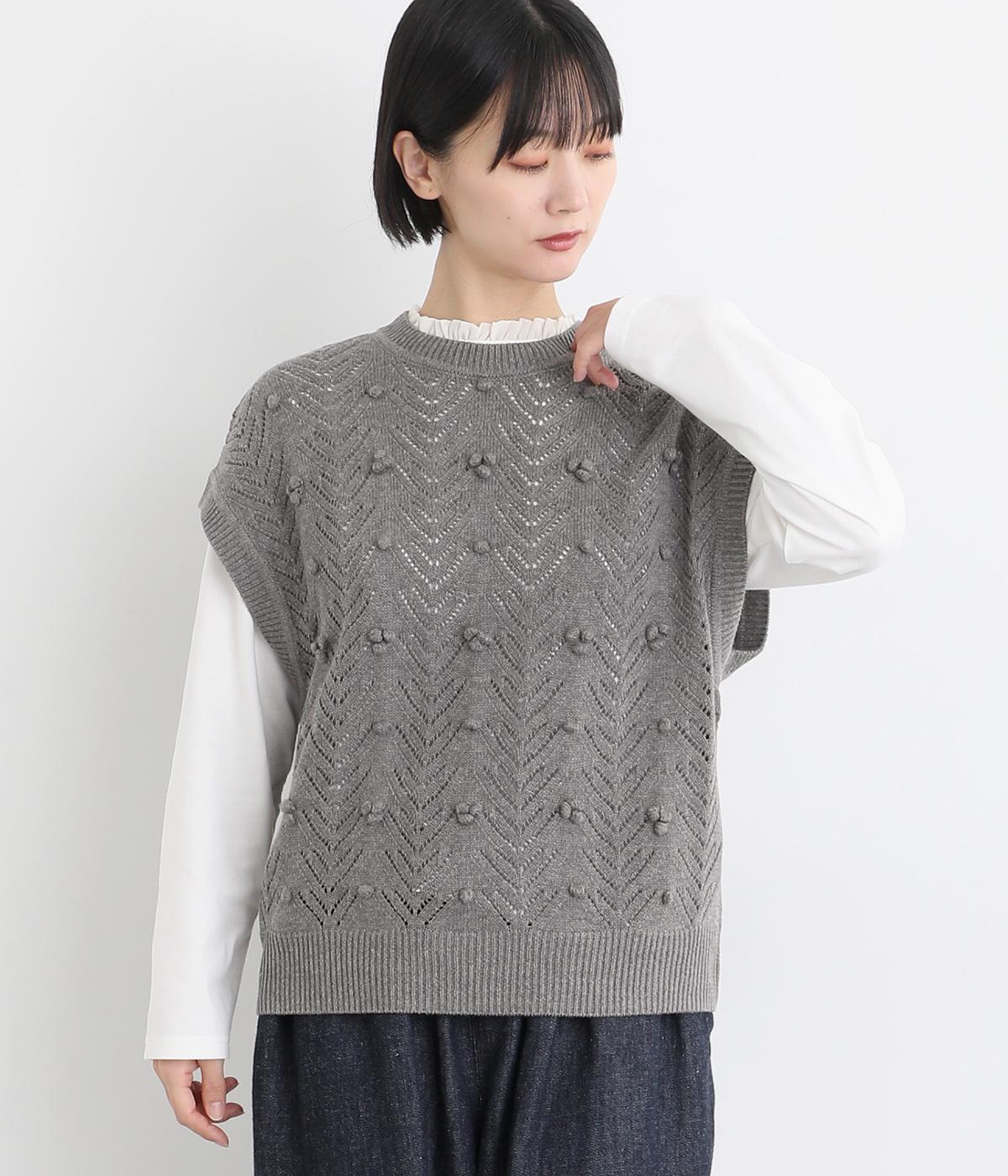 透かし編み手付けポップコーンニットベスト(チャコール-F)