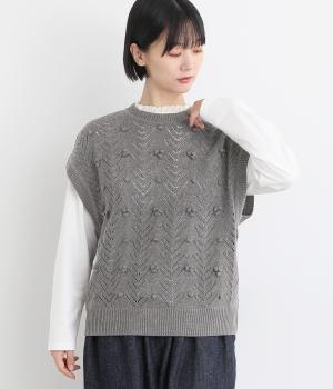 透かし編み手付けポップコーンニットベスト(チャコール-F)