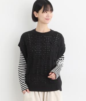 透かし編み手付けポップコーンニットベスト(ブラック-F)