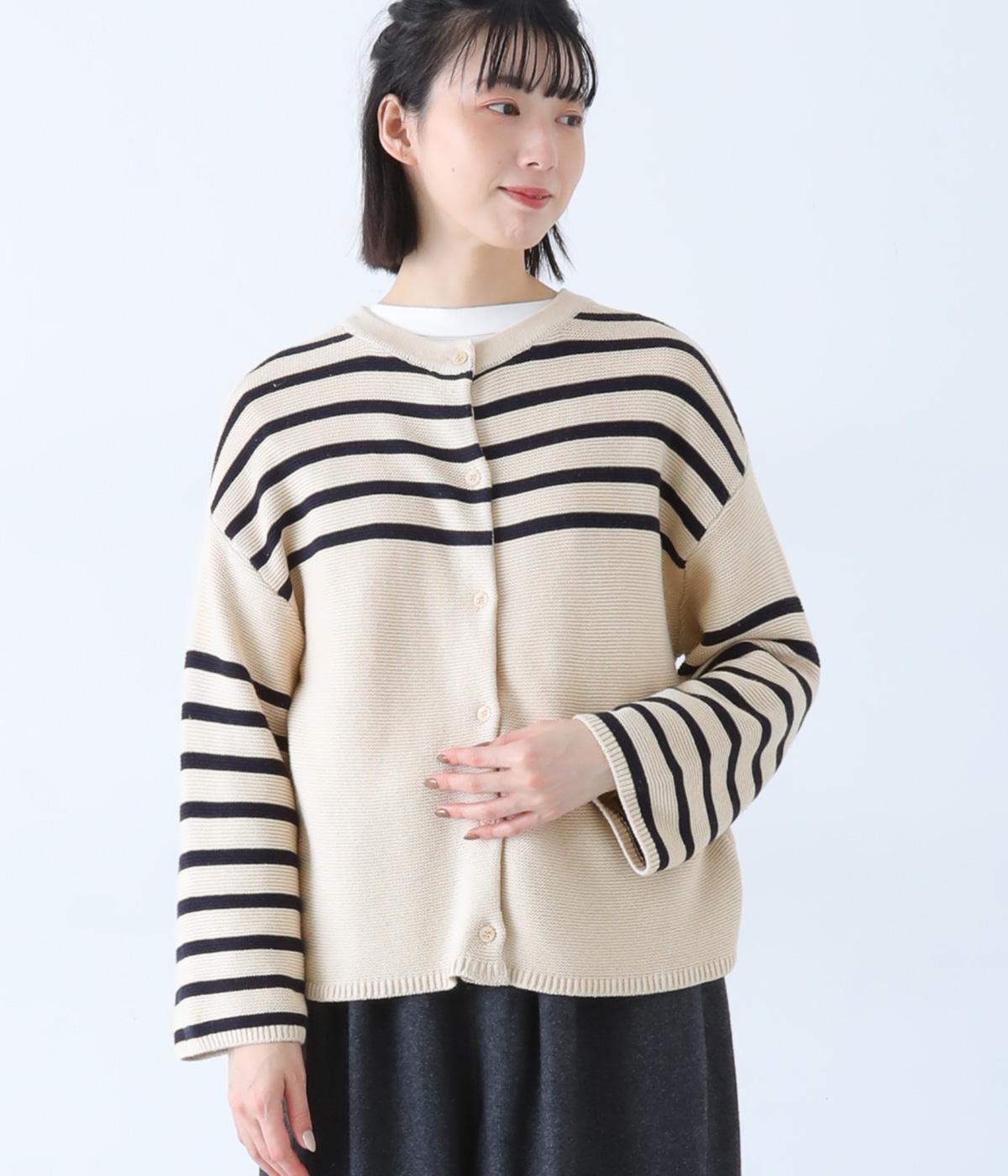 ガーター編みパネルボーダー2wayカーディガン(オフホワイト×ネイビー-F)