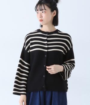 ガーター編みパネルボーダー2wayカーディガン(ブラック×オフホワイト-F)