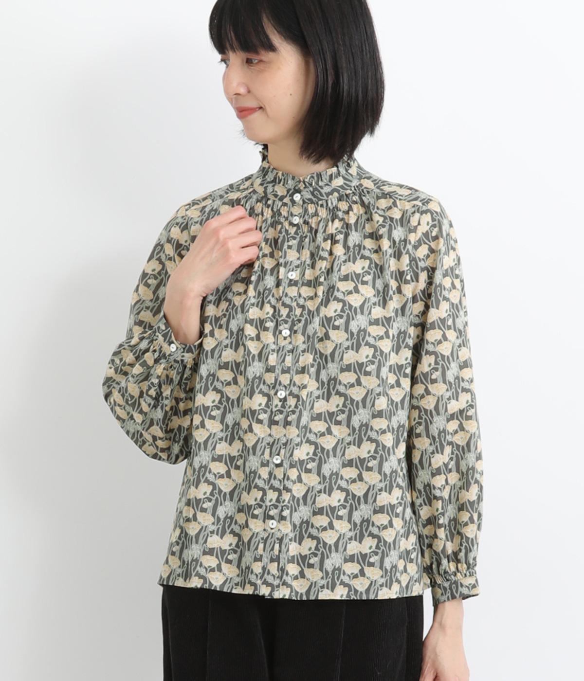 LIBERTYタナローンフリル襟ゴムシャーリングブラウス(チャコール×EritoPoppy-F)