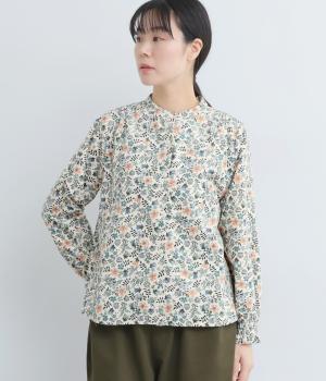 LIBERTYコーデュロイバンドカラー袖シャーリングブラウス