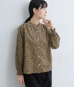 LIBERTYコーデュロイバンドカラー袖シャーリングブラウス(Edenham/ブラウン地-F)