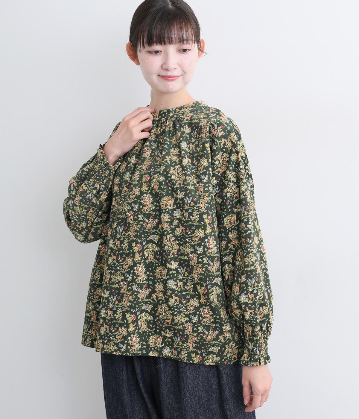 LIBERTYコーデュロイ2wayスタンドブラウス(グリーン×Etta-F)