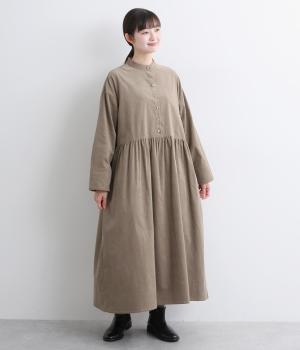 細コール袖裏LIBERTYギャザーワンピース(グレイベージュ-F)