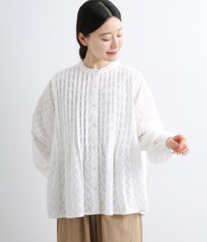 刺繍レースピンタックチュニック丈ブラウス