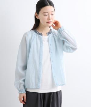 ドットシアー襟刺繍ギャザーブラウスブルゾン