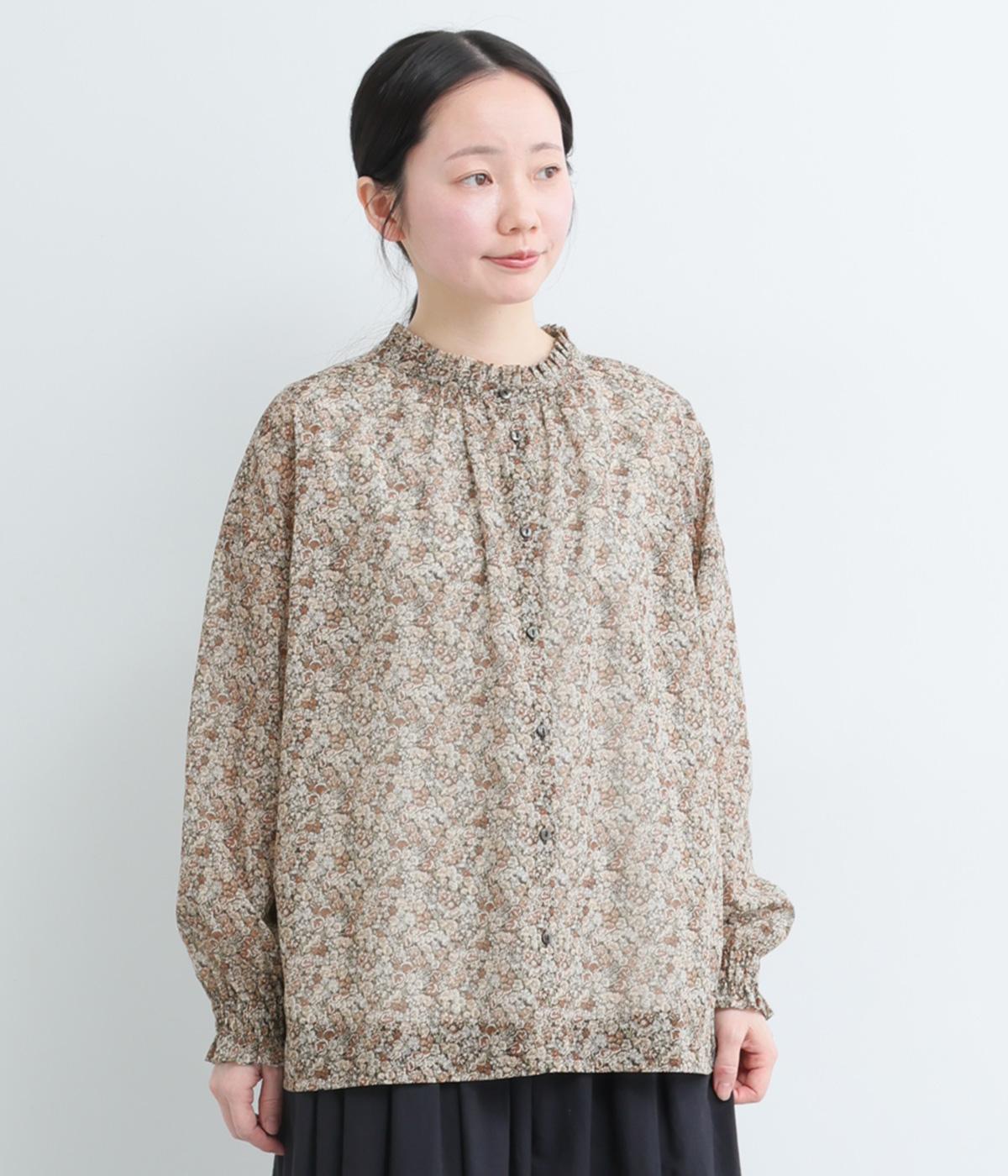 リバティ100　2ボイル2wayスタンドタックフリルブラウス(ブラウン-F)