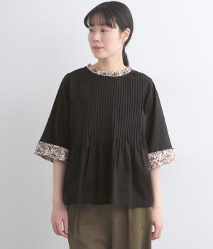 コットンリネン細ピンタックリバティ7分袖ブラウス(ブラック-F)